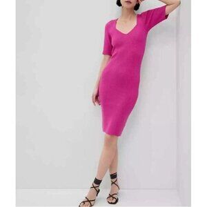 Gap Sweater Dress Womens Large Pink Sweatheart Neck Puff Sleeve Ribbed Bodycon